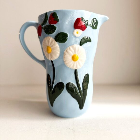 Anthropologie Foster Icon Stoneware Blue Strawberry Floral Jug Pitcher - Picture 5 of 7
